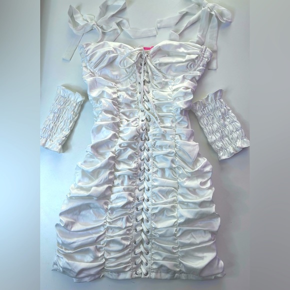 SUGAR THRILLZ DOLLS KILL WHITE BRIGHT BUDS RUCHED MINI DRESS GLOVES SET SMALL - Picture 4 of 6